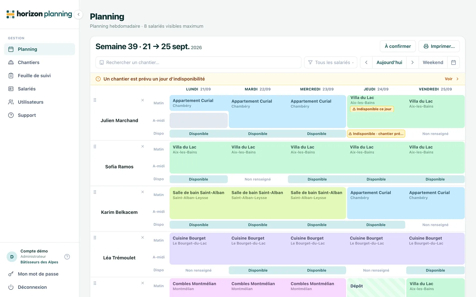 Le planning de la semaine d'une entreprise fictive